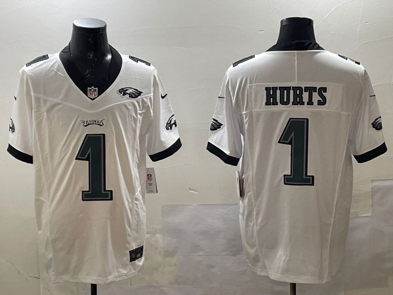 Men Philadelphia Eagles #1 Hurts White three generations 2025 Nike Vapor Limited NFL Jersey style 4